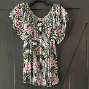 CHARLIE B Pink Floral and Black Striped Blouse